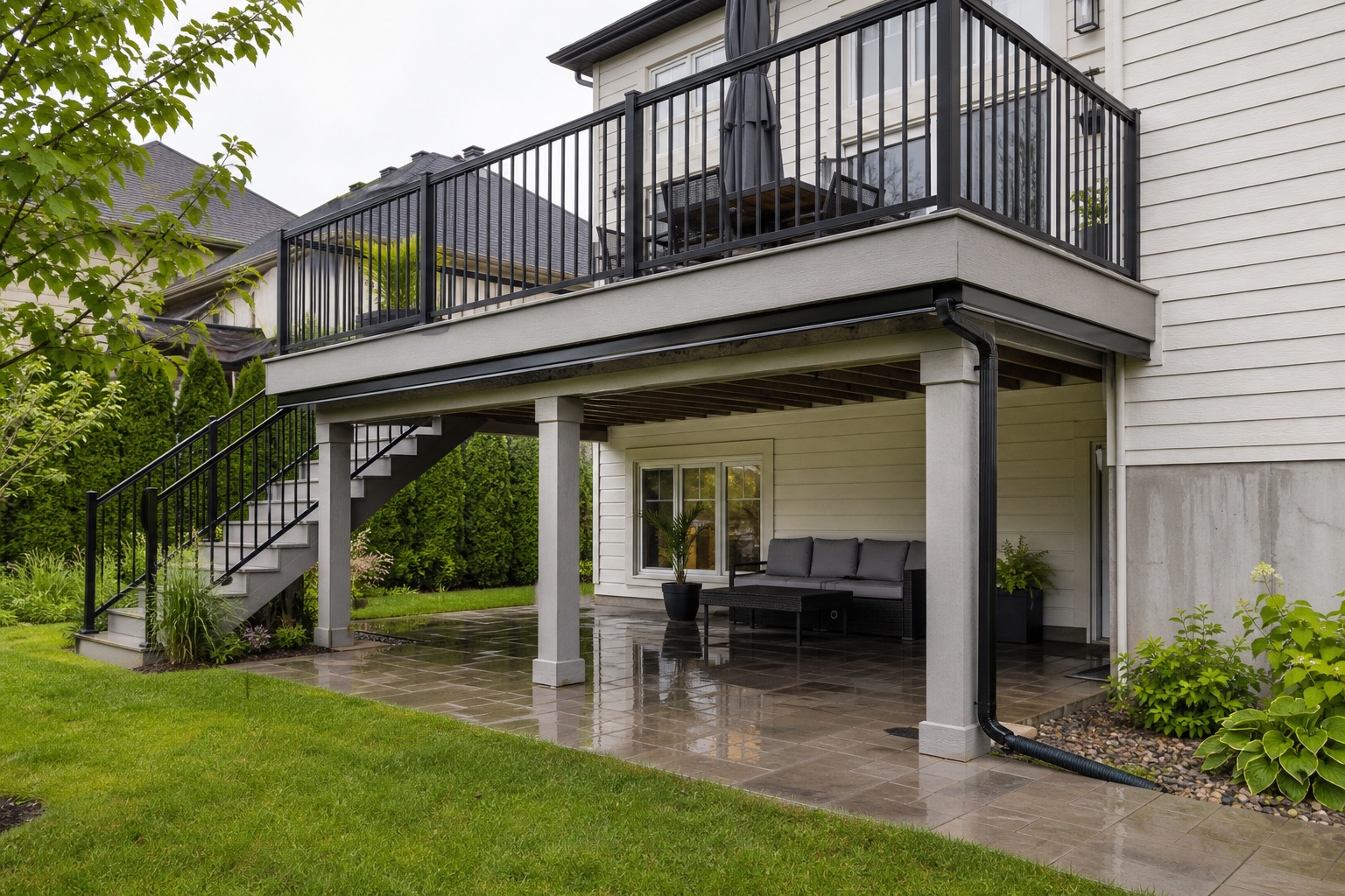 Terrasse composite surélevée avec rampe noire, drainage sous la terrasse et patio sec après la pluie