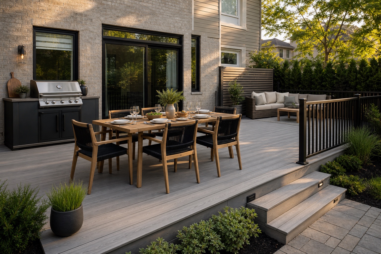 Patio composite aménagé avec des zones pour les repas, le barbecue et la détente